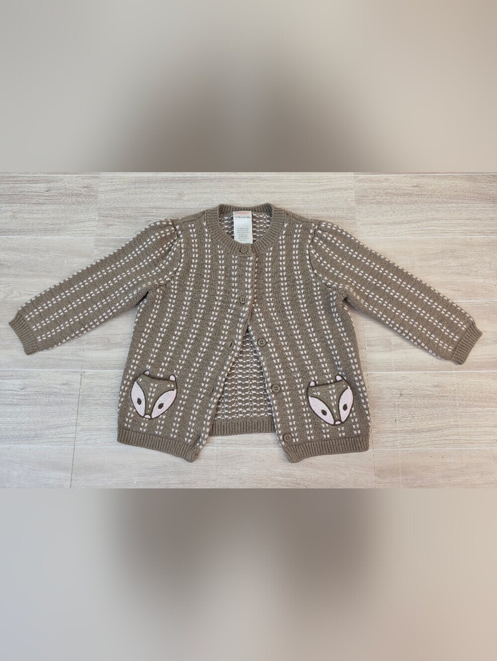 2015 Gymboree Taupe Knit Cardigan with Fox Pocket Appliqués 12-18 Month